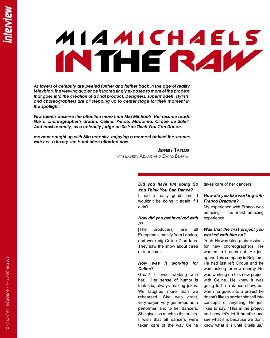 In the Raw: Mia Michaels, opening page in movmnt No. 1, Summer 2006, p. 12