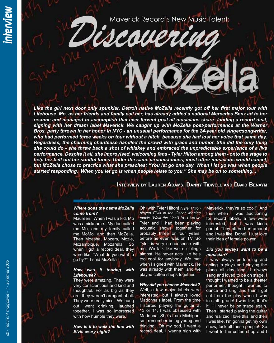 Discovering Mozella, opening page in movmnt No. 1, Summer 2006, p. 60