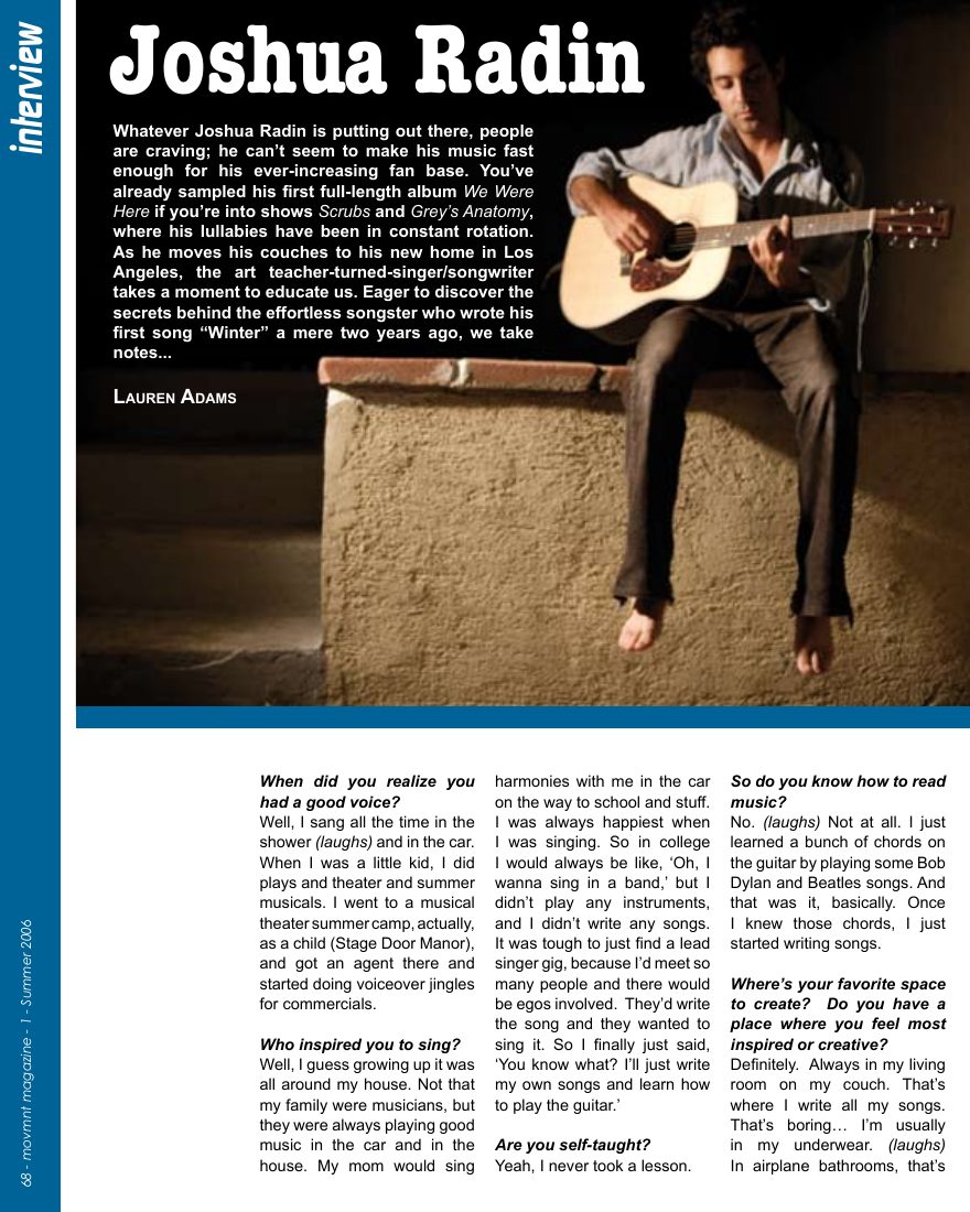Joshua Radin, opening page in movmnt No. 1, Summer 2006, p. 68