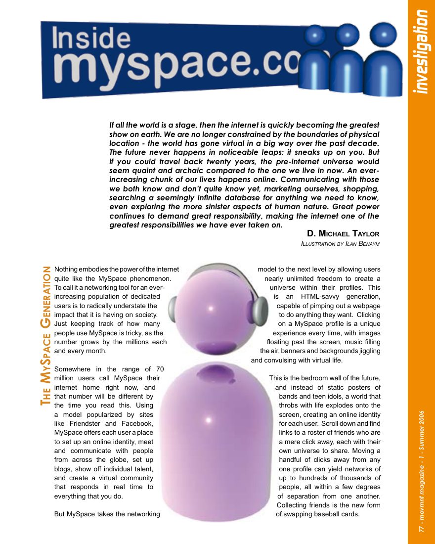 Inside MySpace, opening page in movmnt No. 1, Summer 2006, p. 77