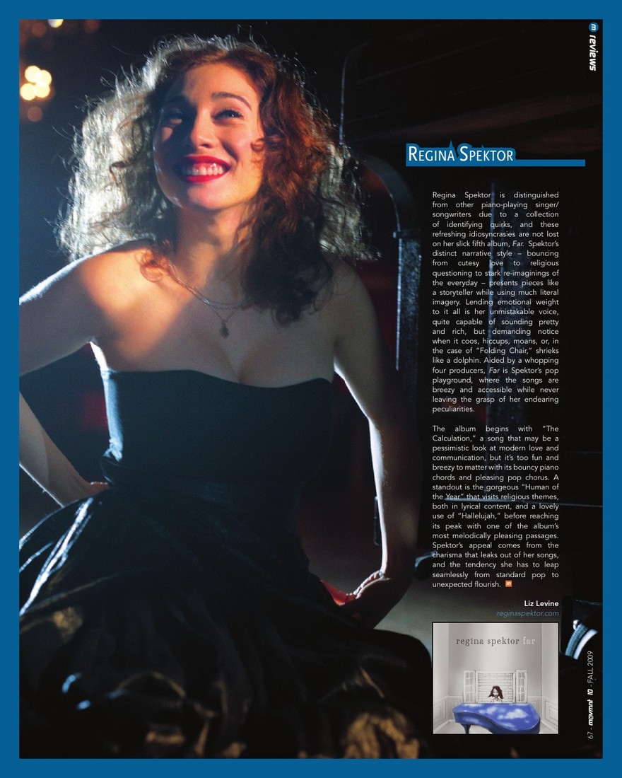 Reviews: Regina Spektor, White Denim, Delorean, Dirty Projectors, Patrick Wolf, Wilco, opening page in movmnt No. 10, Winter 2009, p. 67