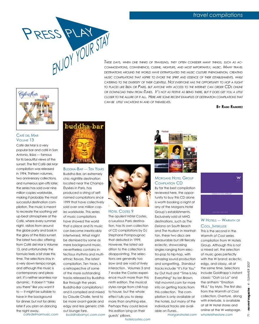 Press Play, Enjoy Your Stay, opening page in movmnt No. 4, Summer 2007, p. 71