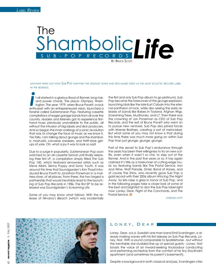 SUB POP RECORDS, The shambolic life, opening page in movmnt No. 5, Fall 2007, p. 62