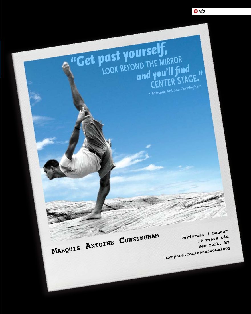 Dancer VIP: marquis antioine cunningham, opening page in movmnt No. 9, Spring 2009, p. 21